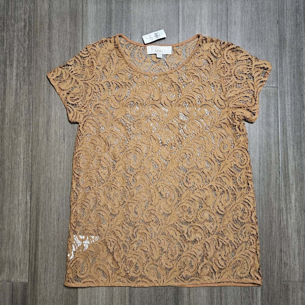 ANN TAYLOR Loft WOMEN'S UNLINED SHIRT Blouse LACE SIZE Small / Shell Camel Tan